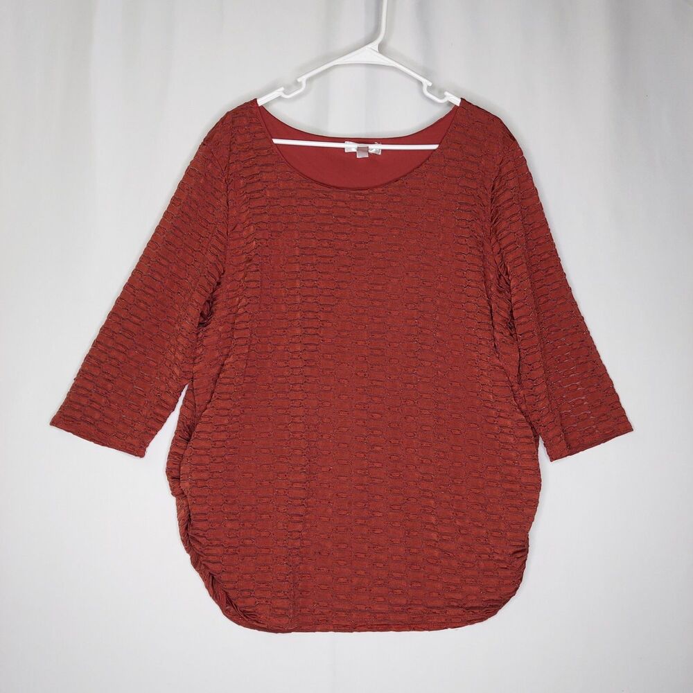 Dressbarn Top Womens 3X Brown Rust Texture Metallic‎ Ruched 3/4 Sleeve Lined